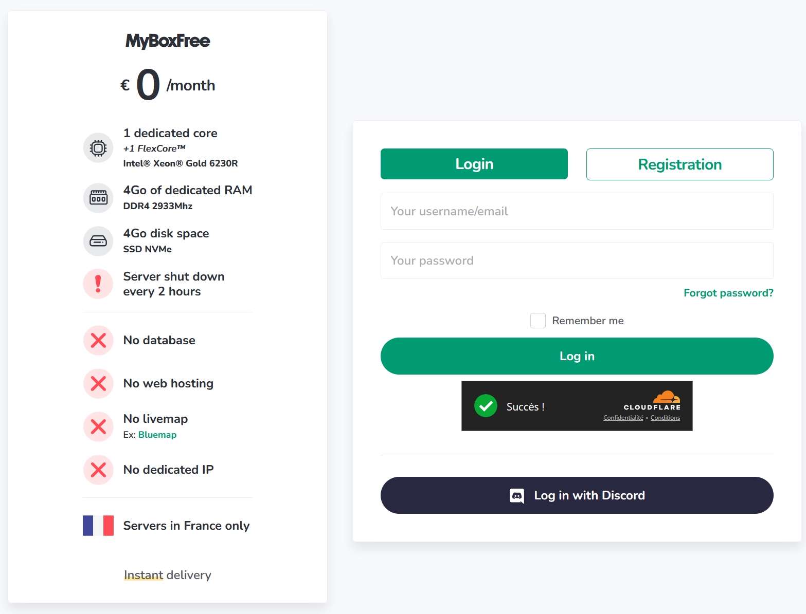 Login and sign up options on the MineStrator free server page