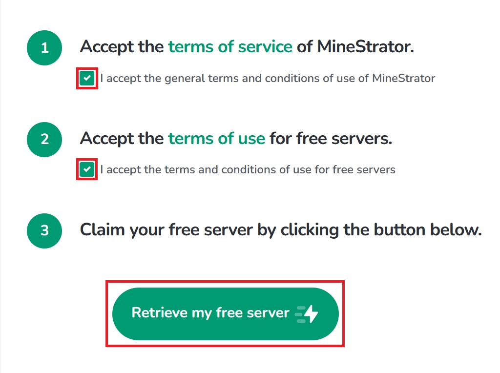 Validation of MineStrator general and free server terms