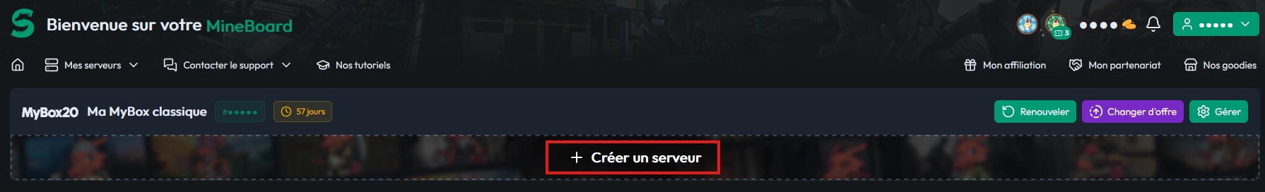 Assistant de création MineStrator avec sélection du jeu et de la MyBox