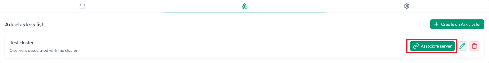 Cluster list showing Associate server button to link an ARK server