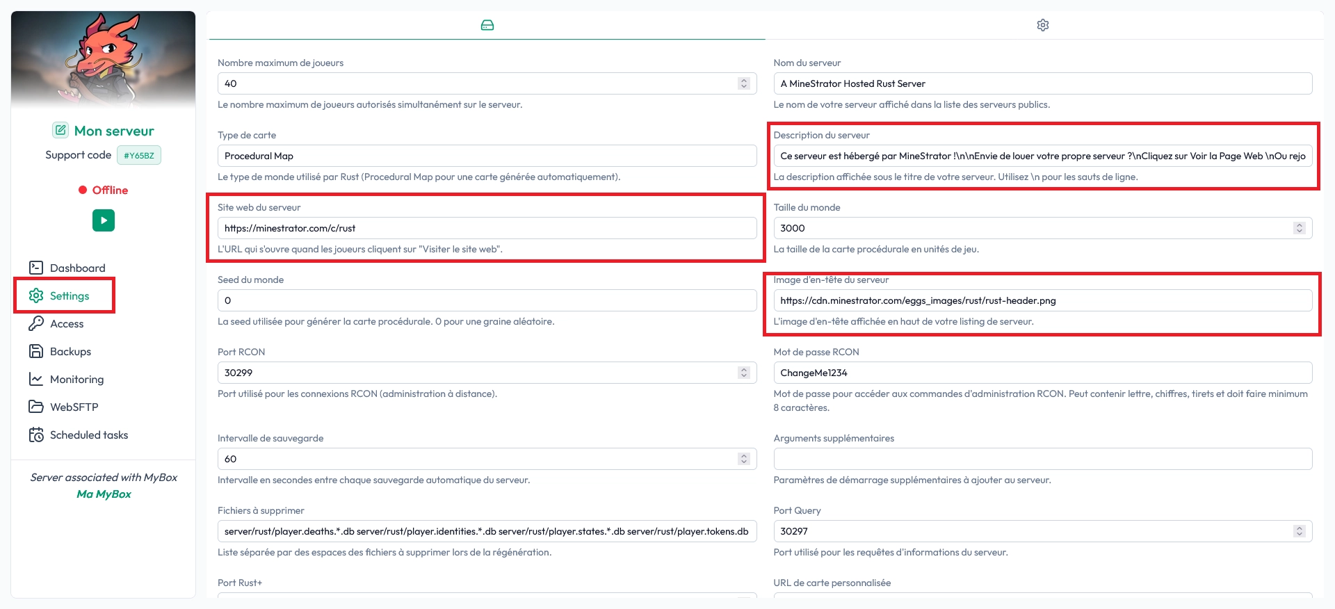 MineStrator panel screenshot showing the Settings tab for a Rust server with fields for description, header image URL, and website URL