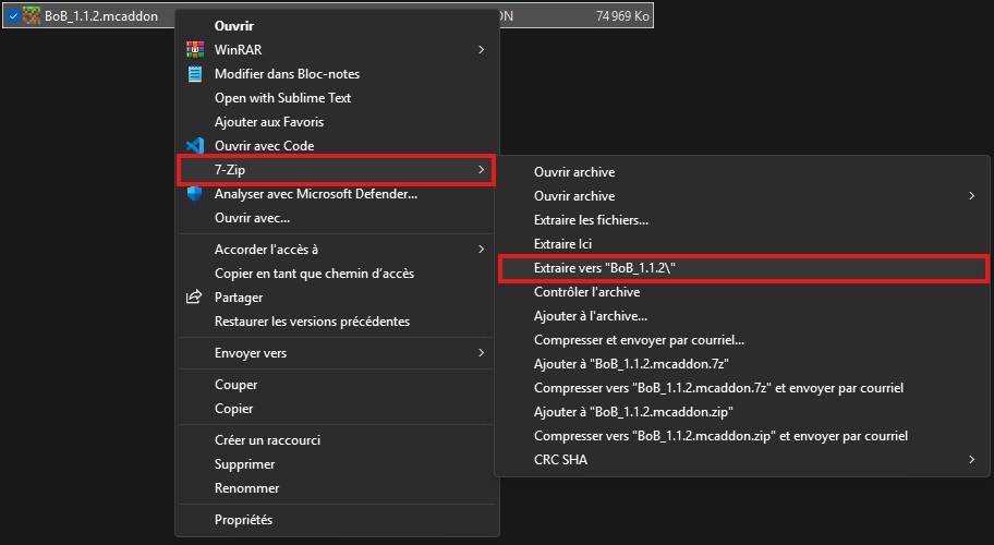 Extraction d'un addon Bedrock avec 7-Zip