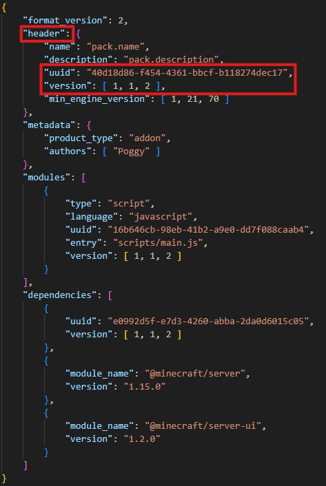 Contenu d'un fichier manifest.json d'un behavior pack Bedrock