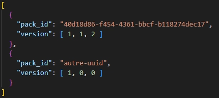 Exemple de world_behavior_packs.json avec plusieurs behavior packs