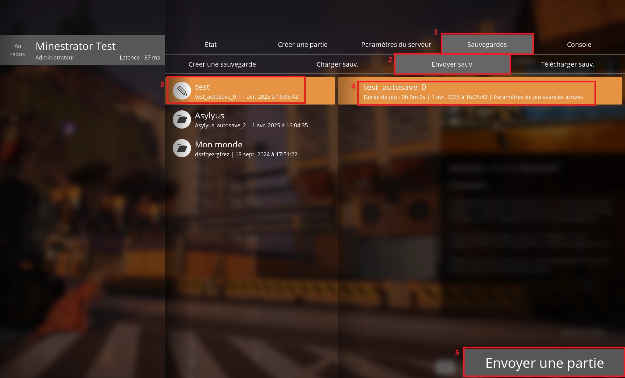 Écran Satisfactory montrant l’interface d’envoi de sauvegarde vers un serveur