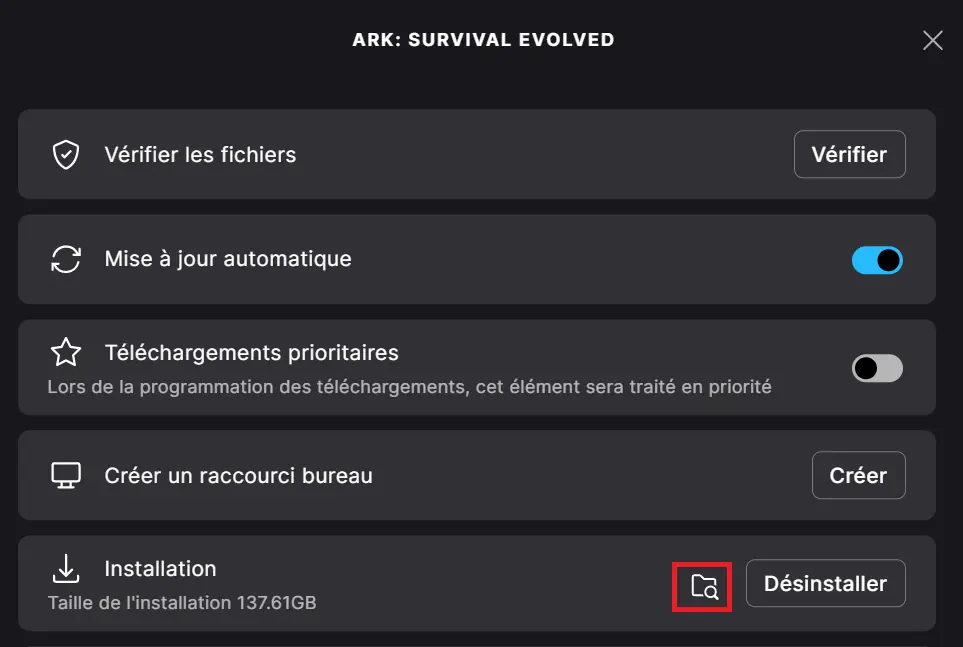 Fenêtre de gestion ARK dans Epic Games avec le chemin d’installation