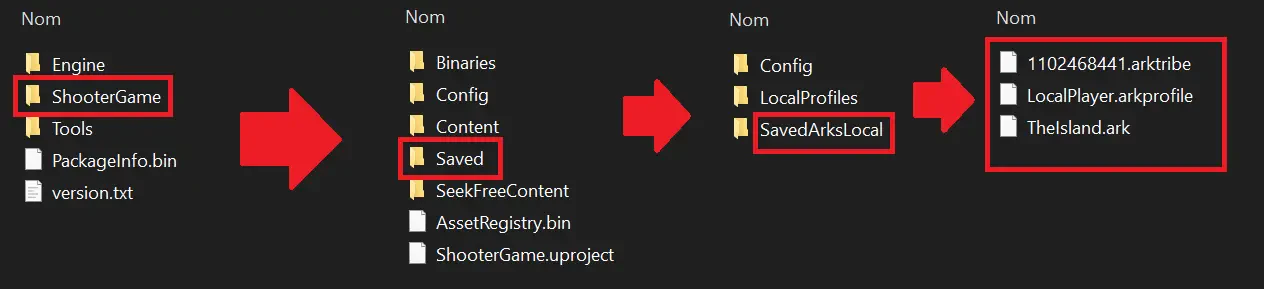 Dossier SavedArksLocal avec fichiers .ark, .arktribe et .arkprofile