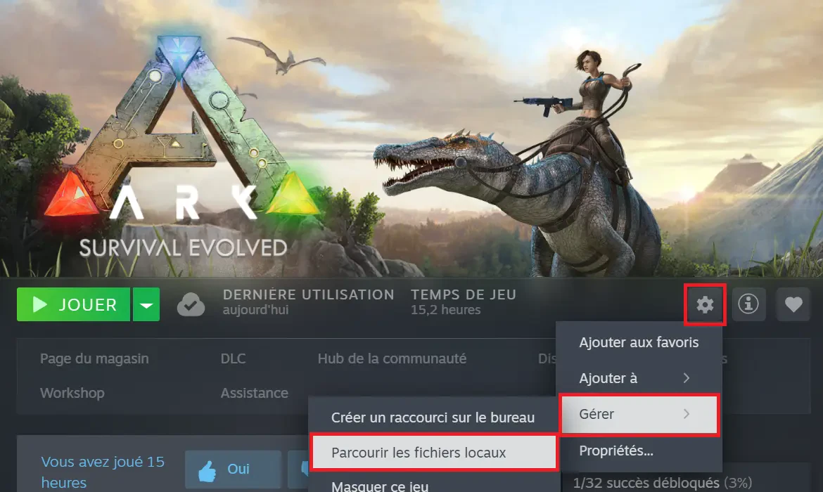 Menu Steam avec l’option Parcourir les fichiers locaux pour ARK