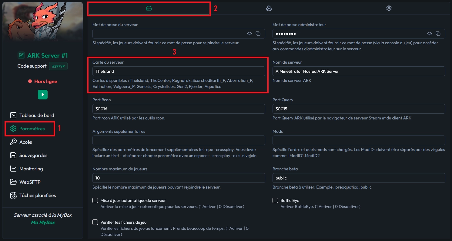 Paramètres du serveur ARK avec le champ Server Map sur le panel MineStrator