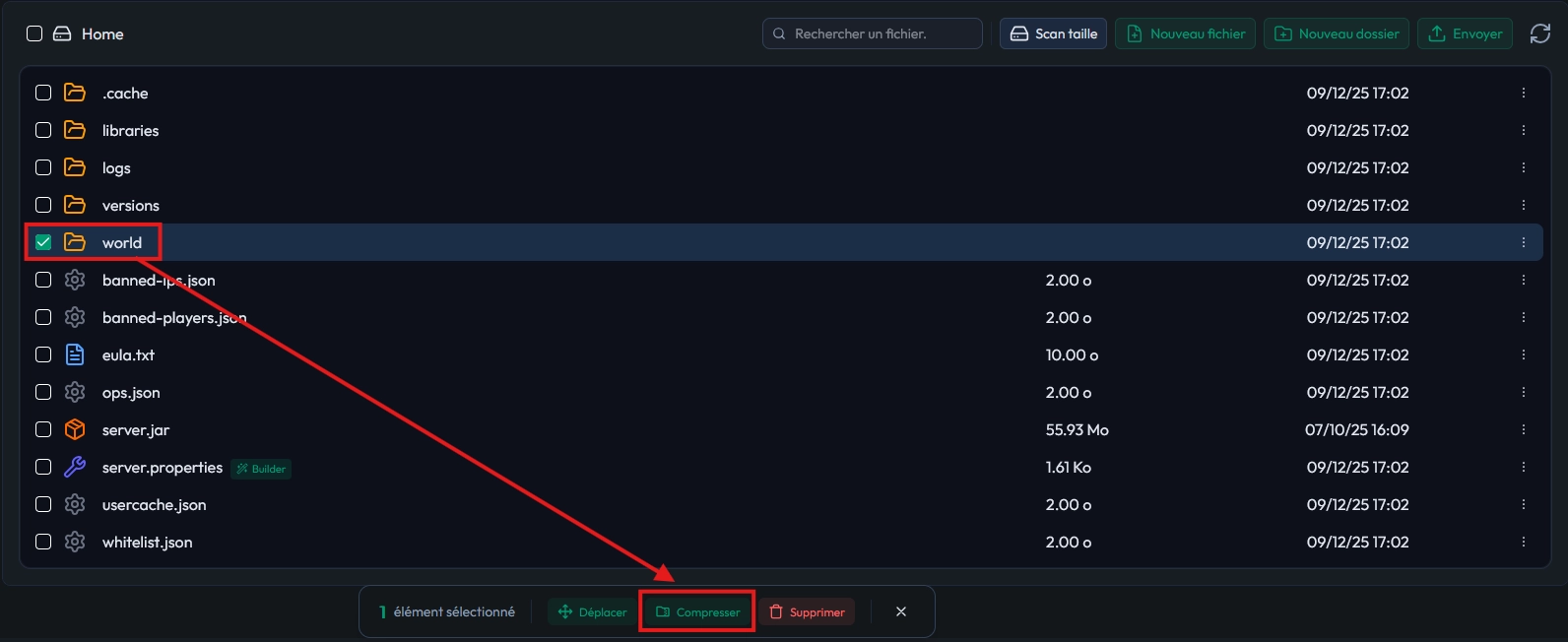 Sélection et compression du dossier world dans le panel MineStrator