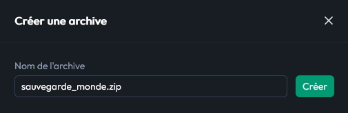 Fenêtre de création d'archive ZIP pour la sauvegarde du monde Minecraft