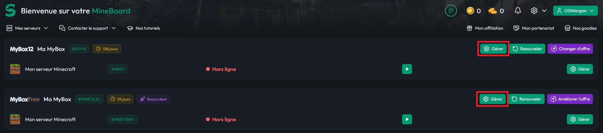 Bouton Gérer d'une MyBox depuis le Dashboard MineBoard