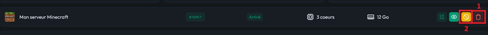 Actions de suppression ou désactivation sur un serveur Minecraft dans le panel MyBox