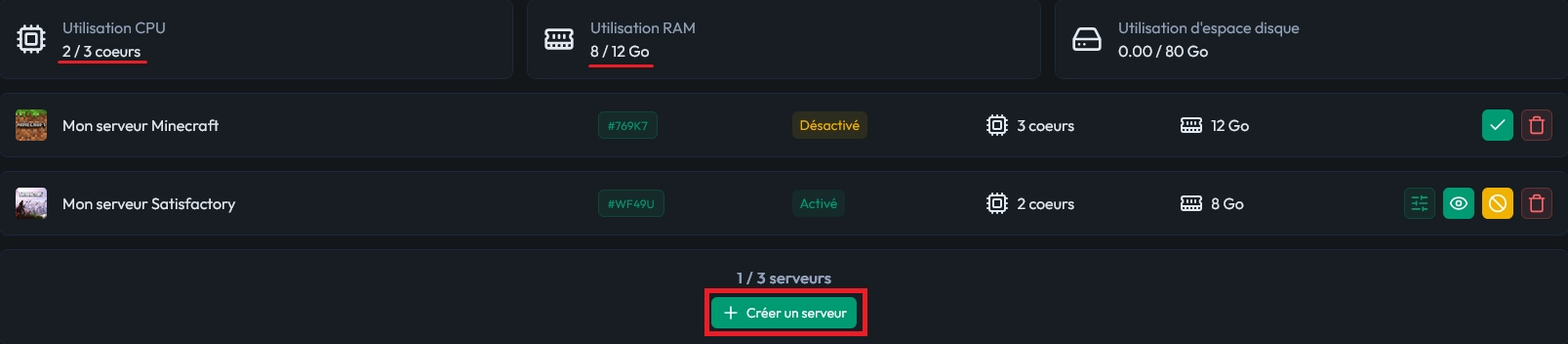 Panel MyBox affichant des ressources libres prêtes à être utilisées pour un nouveau serveur