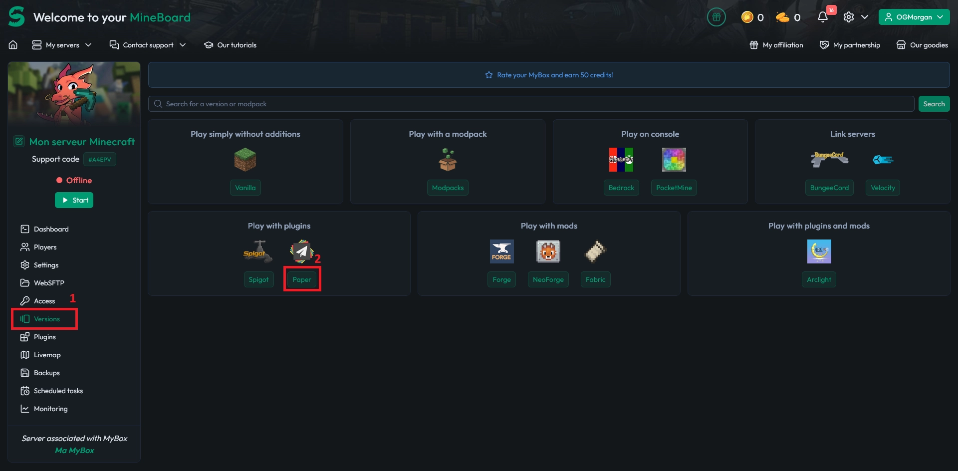 Versions tab showing available Minecraft server types