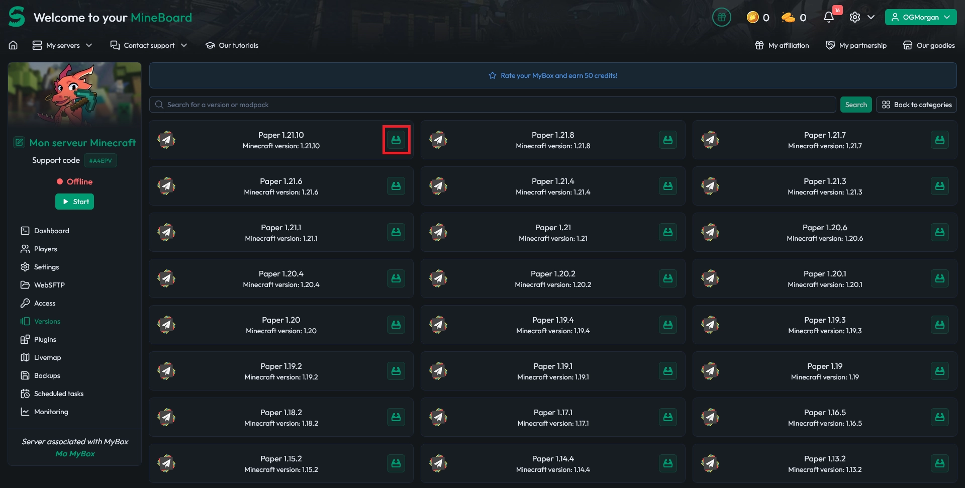 Selection of a specific Minecraft and server version in the panel