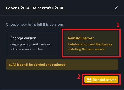Confirmation step for reinstalling a Minecraft server on MineStrator