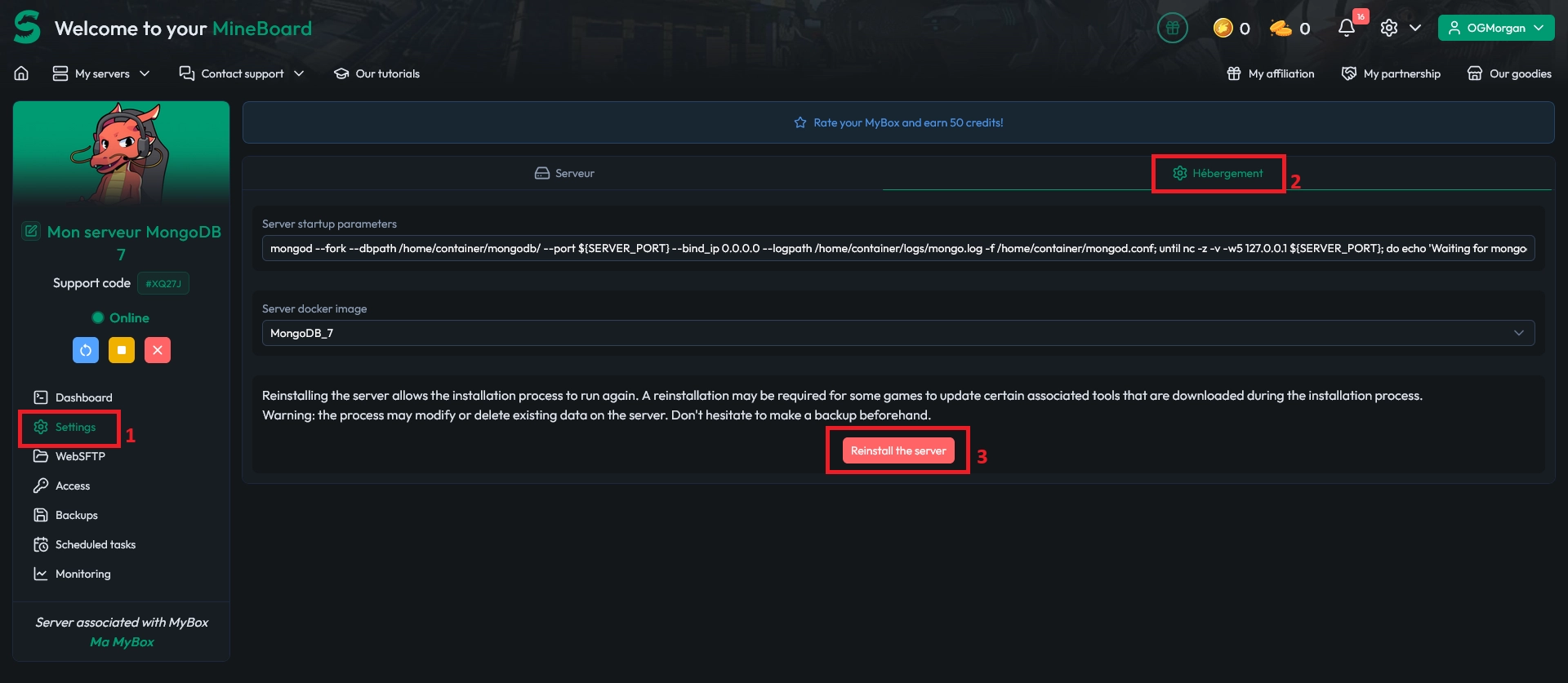 Reinstall server button in the Hosting settings tab for other games