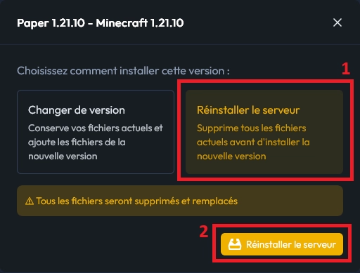 Bouton Réinstaller le serveur activé dans le panel MineStrator