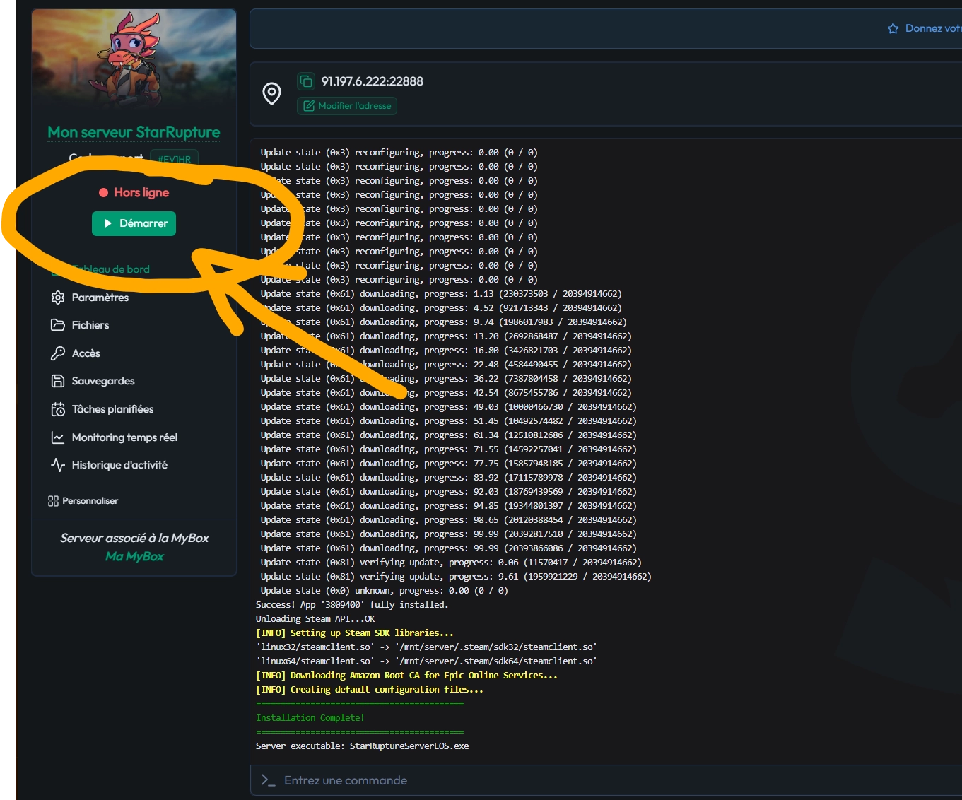MyBox panel showing the Start button for the Star Rupture server
