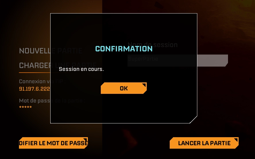 Confirmation popup indicating the session is running