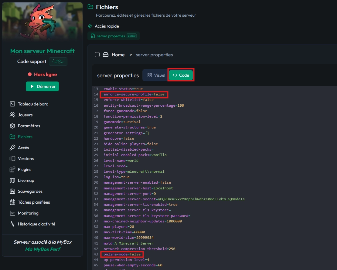 Modification des paramètres online-mode et ensure-secure-profile dans server.properties