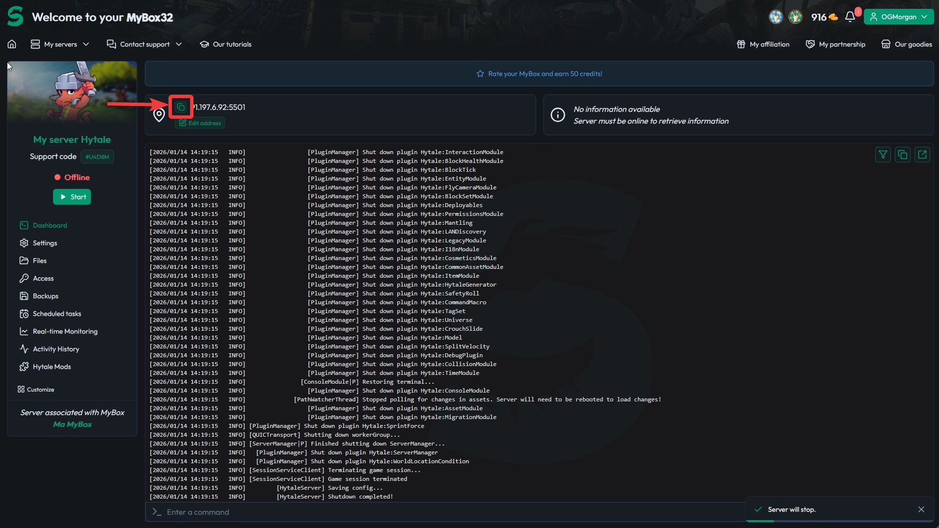 MineStrator panel showing the Hytale server IP address and port