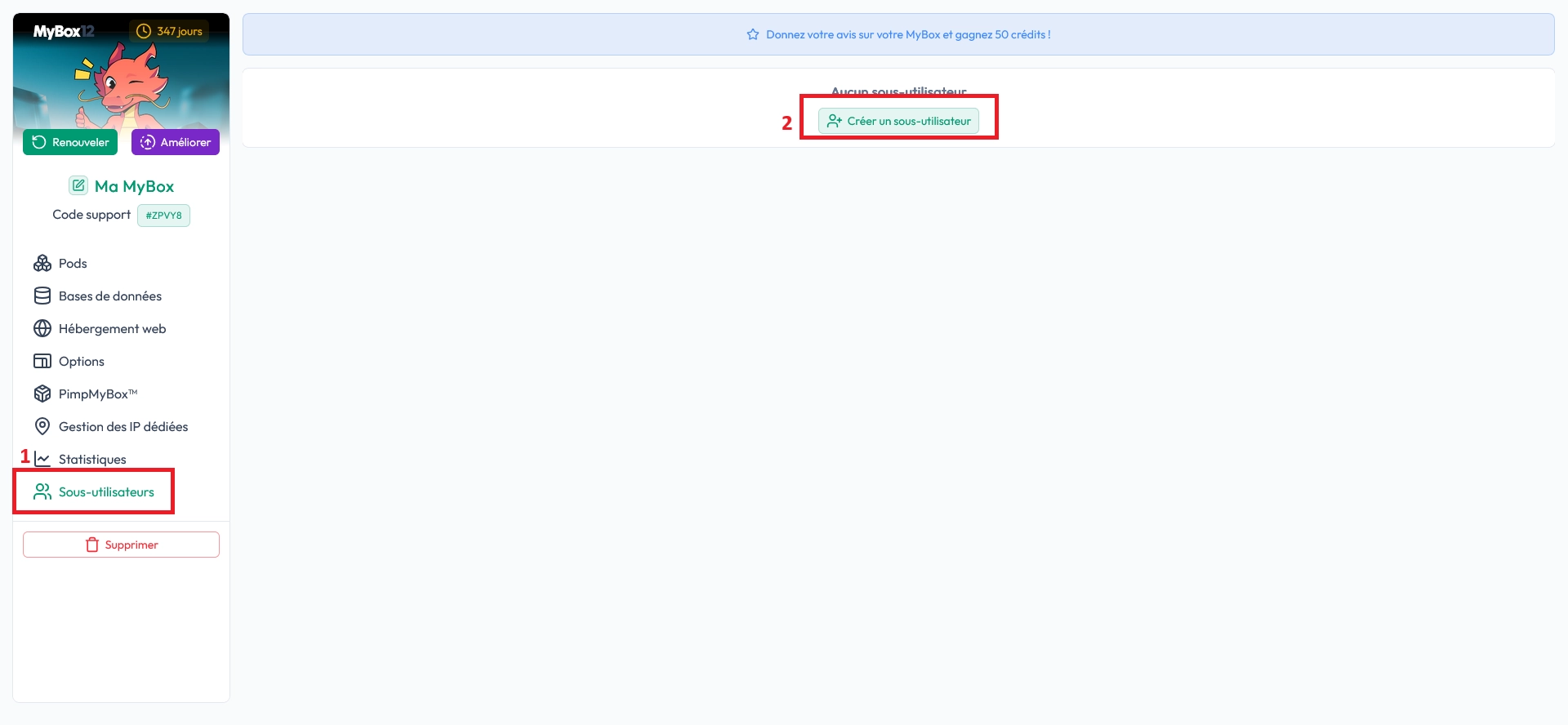 Bouton d'ajout d'un sous-utilisateur sur le panel MineStrator