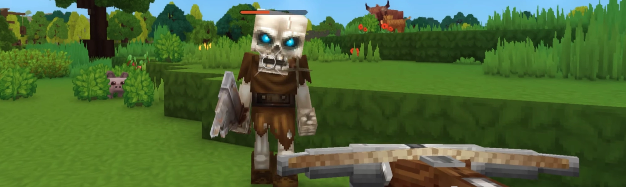 Scène de combat dans Hytale avec effets et interface améliorés
