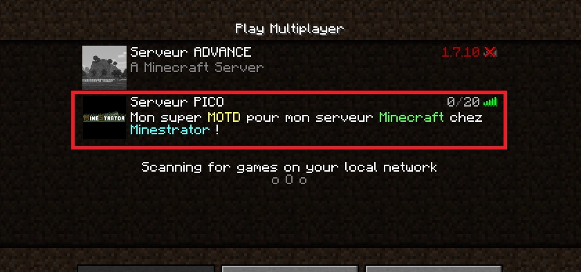 Aperçu de l’icône et du MOTD d’un serveur Minecraft dans la liste multijoueur
