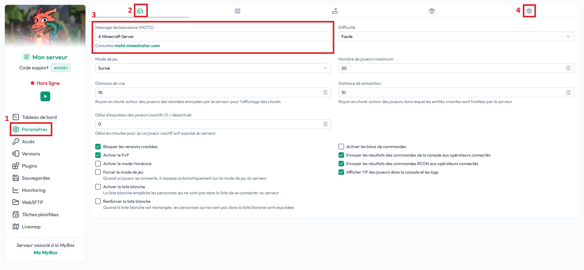 Paramètres MineBoard pour modifier l’icône et le MOTD du serveur