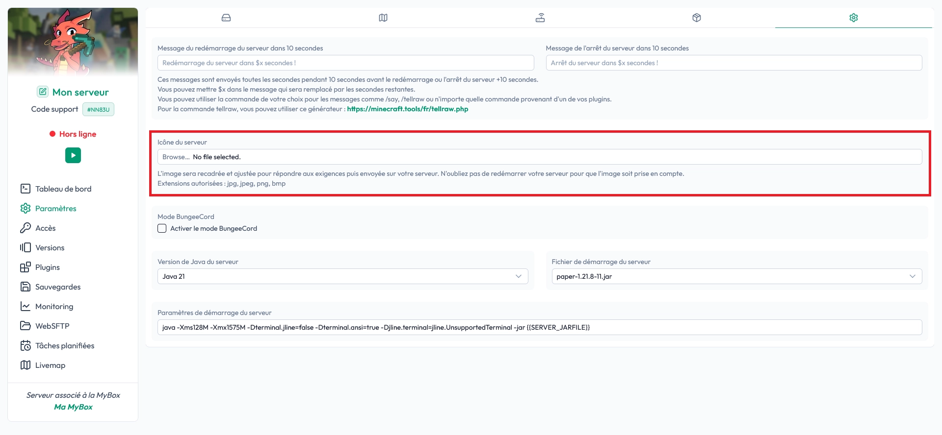 Champs de configuration de l’icône et du MOTD dans MineBoard