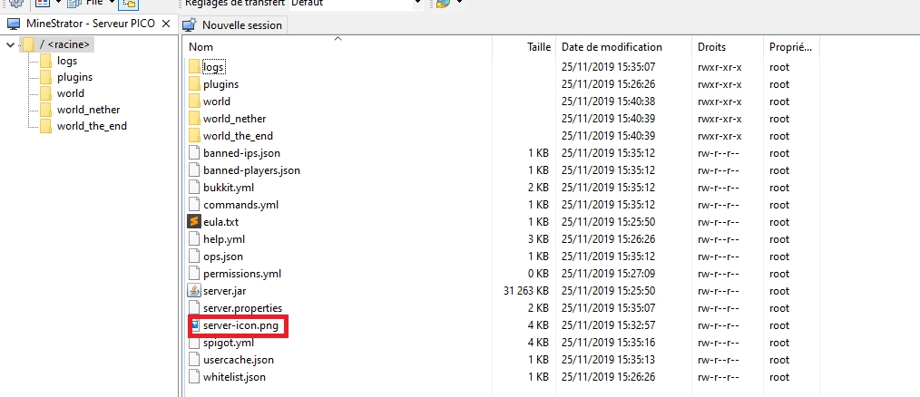 Fichier server-icon.png placé à la racine du serveur Minecraft via SFTP