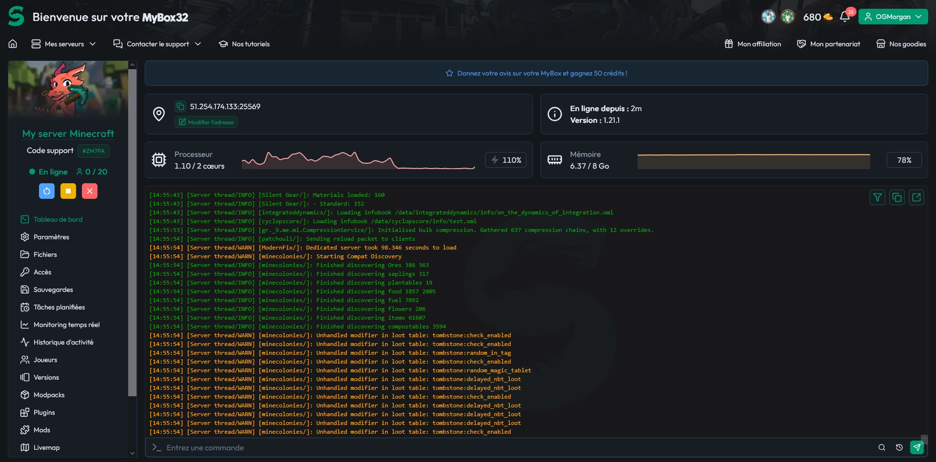 Panel MineStrator indiquant que le serveur ATM10 est en ligne et accessible
