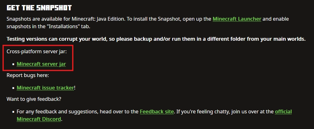Minecraft.net snapshot article showing the 'Minecraft server jar' download link