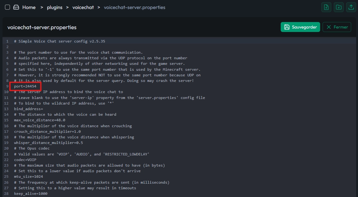 Exemple de configuration du fichier voicechat-server.properties pour le plugin Simple Voice Chat