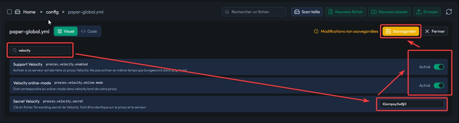 Configuration Velocity dans paper-global.yml avec le secret et les options online-mode