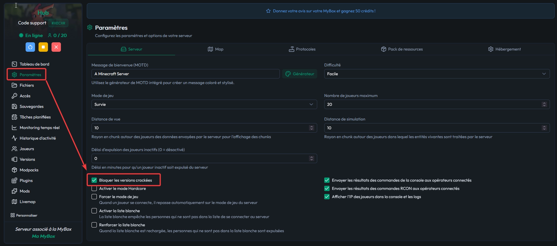 Paramètres MineStrator montrant la désactivation du mode en ligne pour un serveur backend Paper