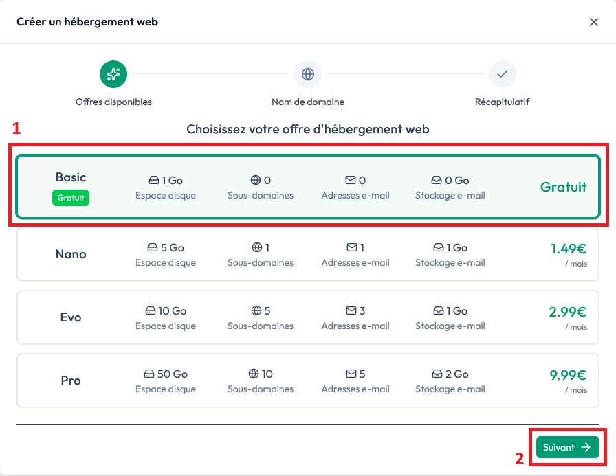 Écran de création de l’hébergement web sur le panel MineStrator