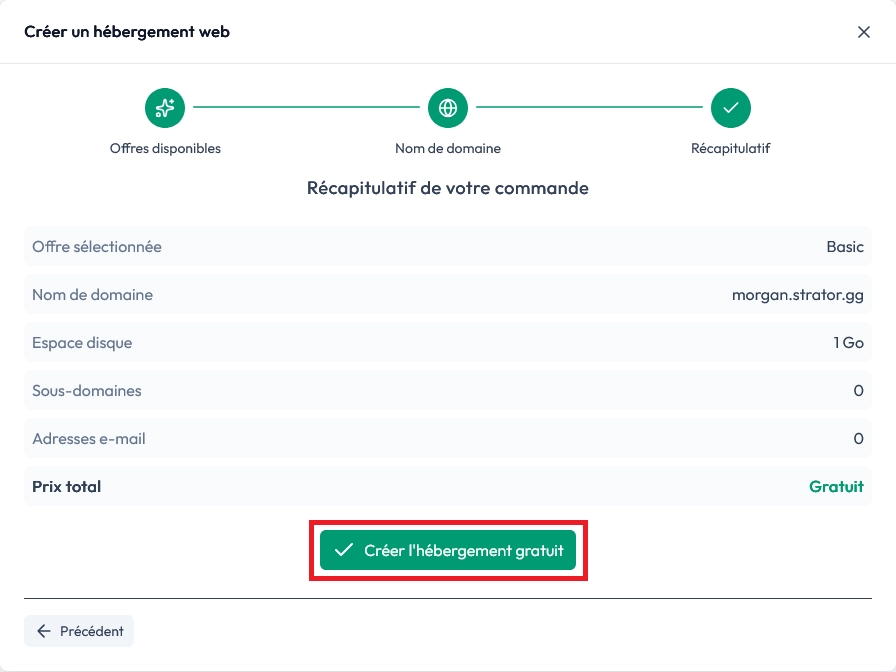 Récapitulatif de création de l’hébergement web avec sous-domaine