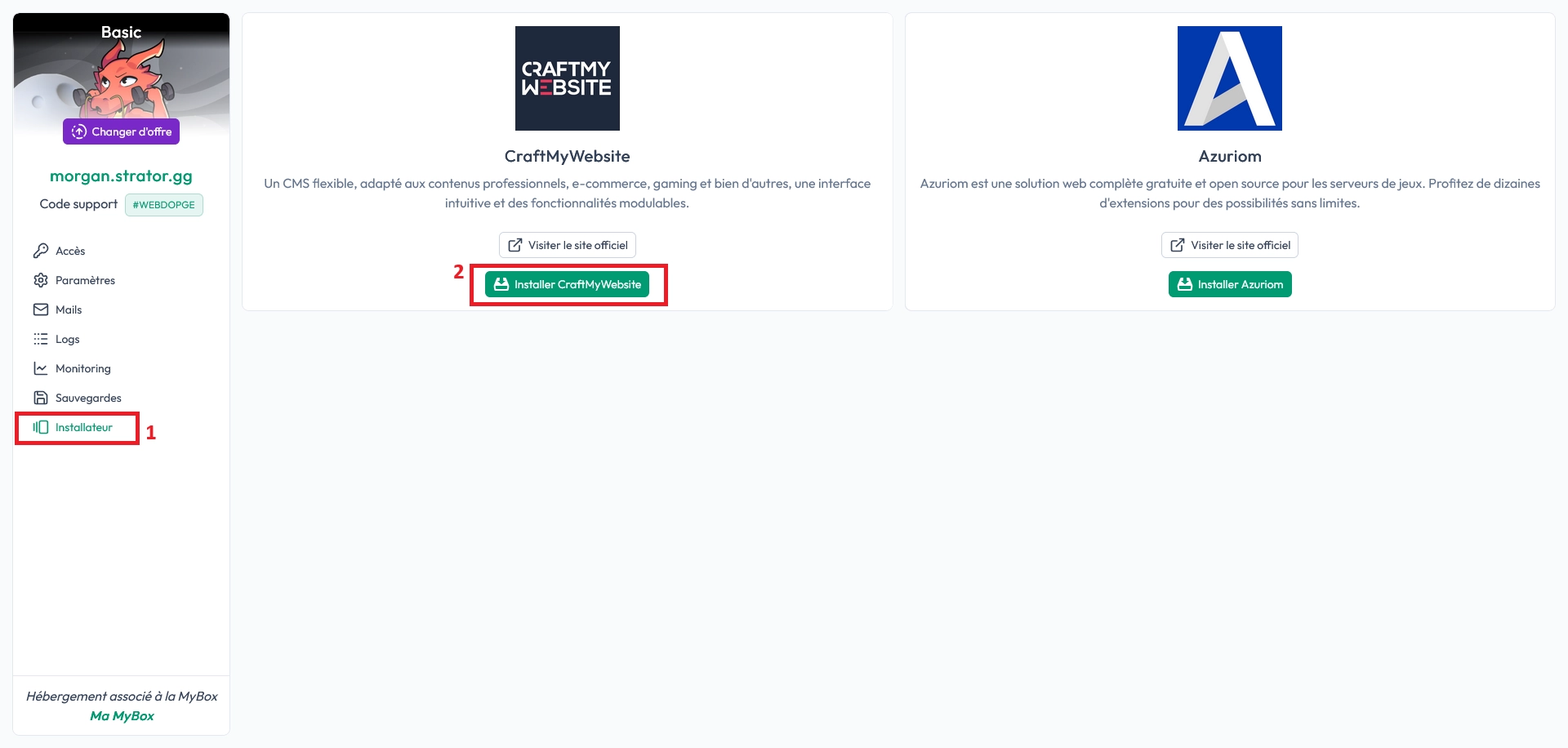 Bouton d’installation du certificat SSL sur le panel MineStrator