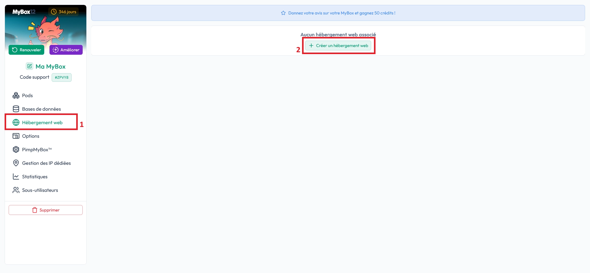 Interface MineStrator affichant la section Hébergement web dans la gestion MyBox