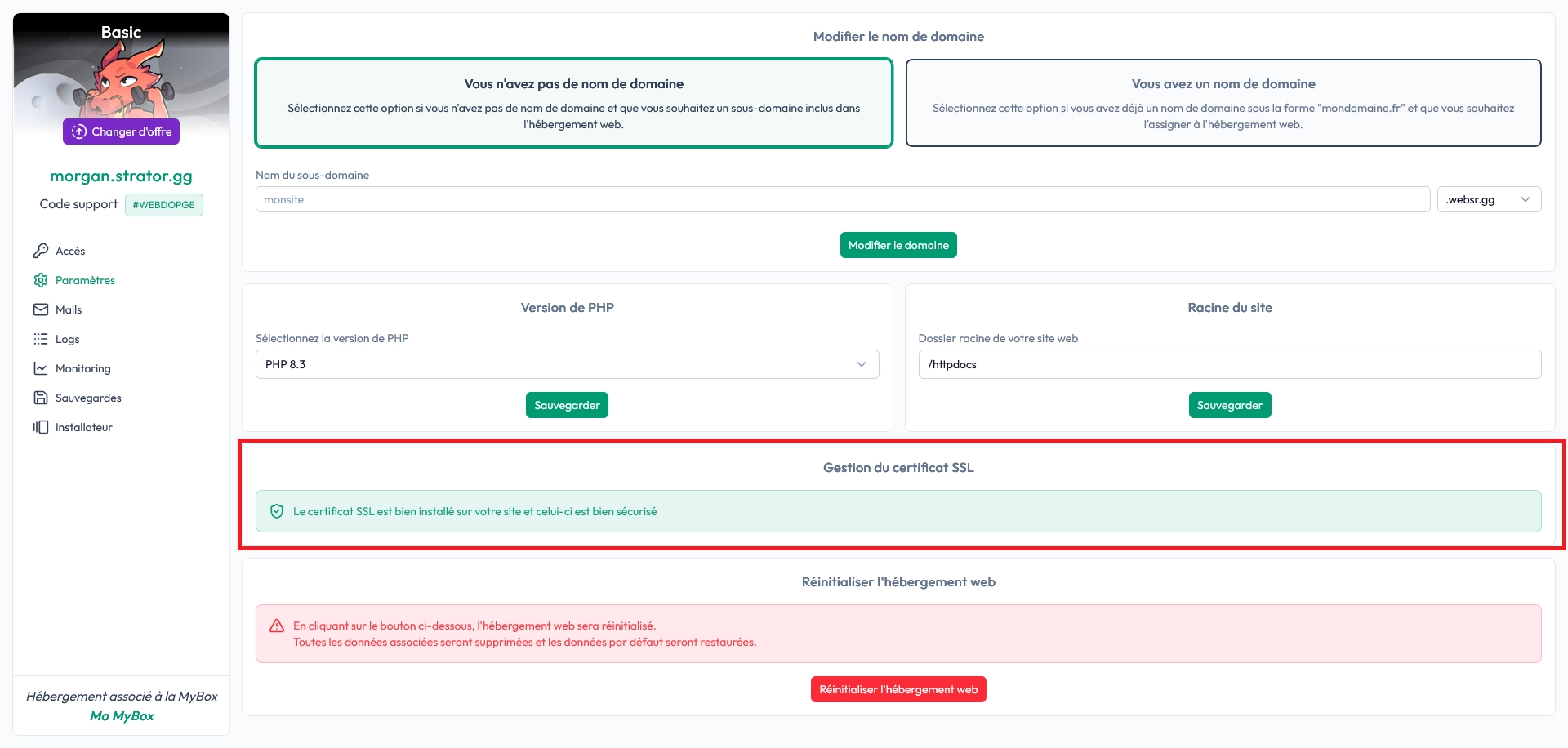 Onglet paramètres de l’hébergement web avec l’option de certificat SSL