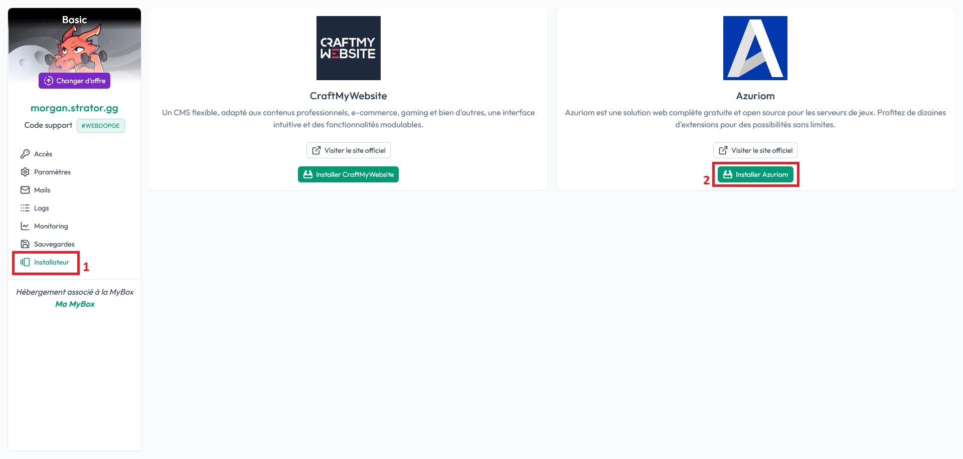 Onglet Installateur permettant d’installer Azuriom sur l’hébergement web