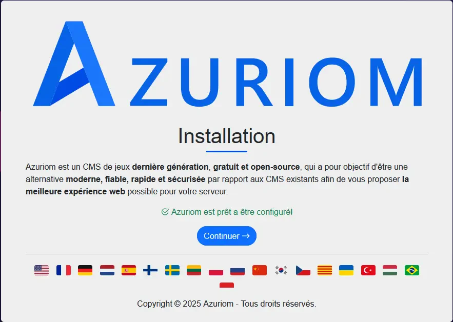Écran de l’installateur Azuriom indiquant que le CMS est prêt à être configuré