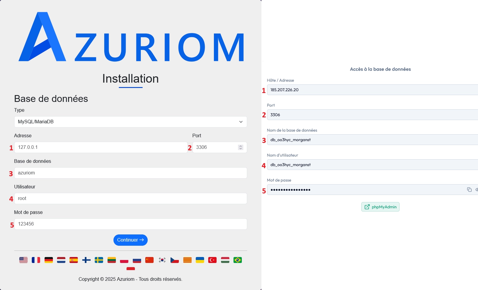 Formulaire de configuration de la base de données MySQL dans l’installateur Azuriom