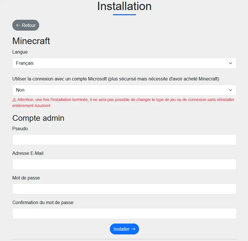 Formulaire de création du compte administrateur dans Azuriom