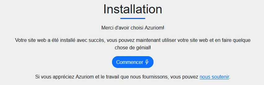 Écran final de l’installation Azuriom invitant à commencer la configuration du site