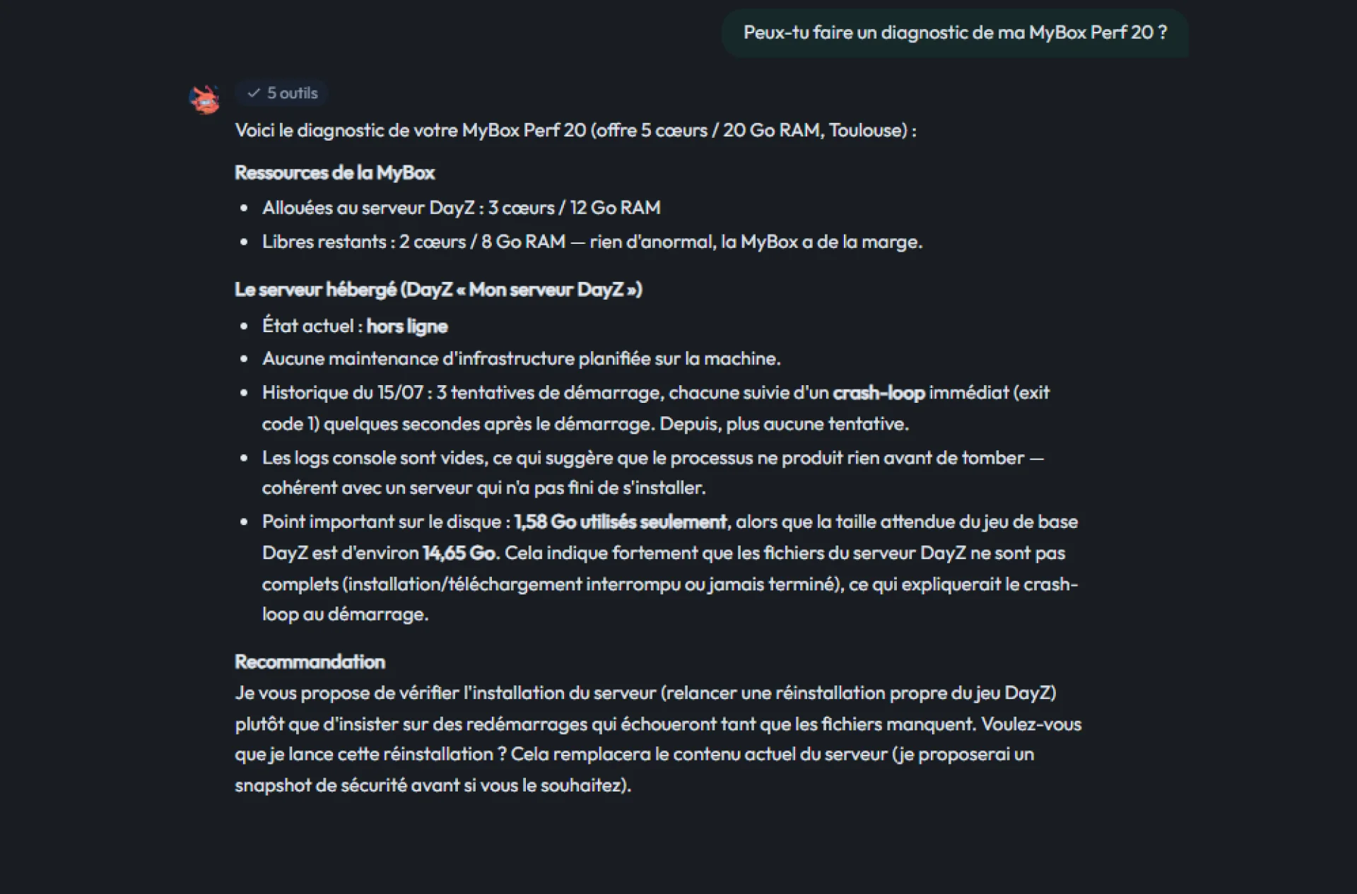 StratorAI réalise le diagnostic d'une MyBox Perf 20 depuis le panel