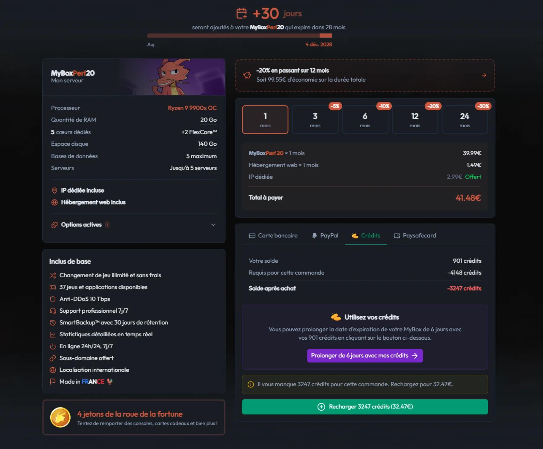 Page de renouvellement d'une MyBox avec les remises par durée d'engagement